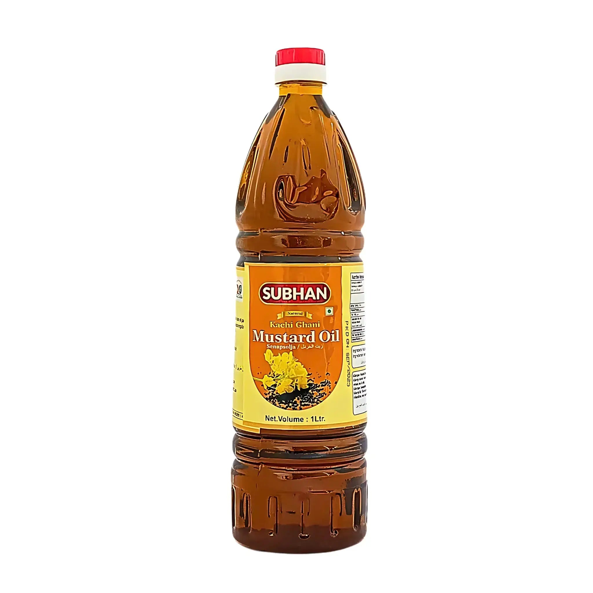 Flaska med senapsolja, 1 liter, gul etikett och röd kork för orientaliskt kök.