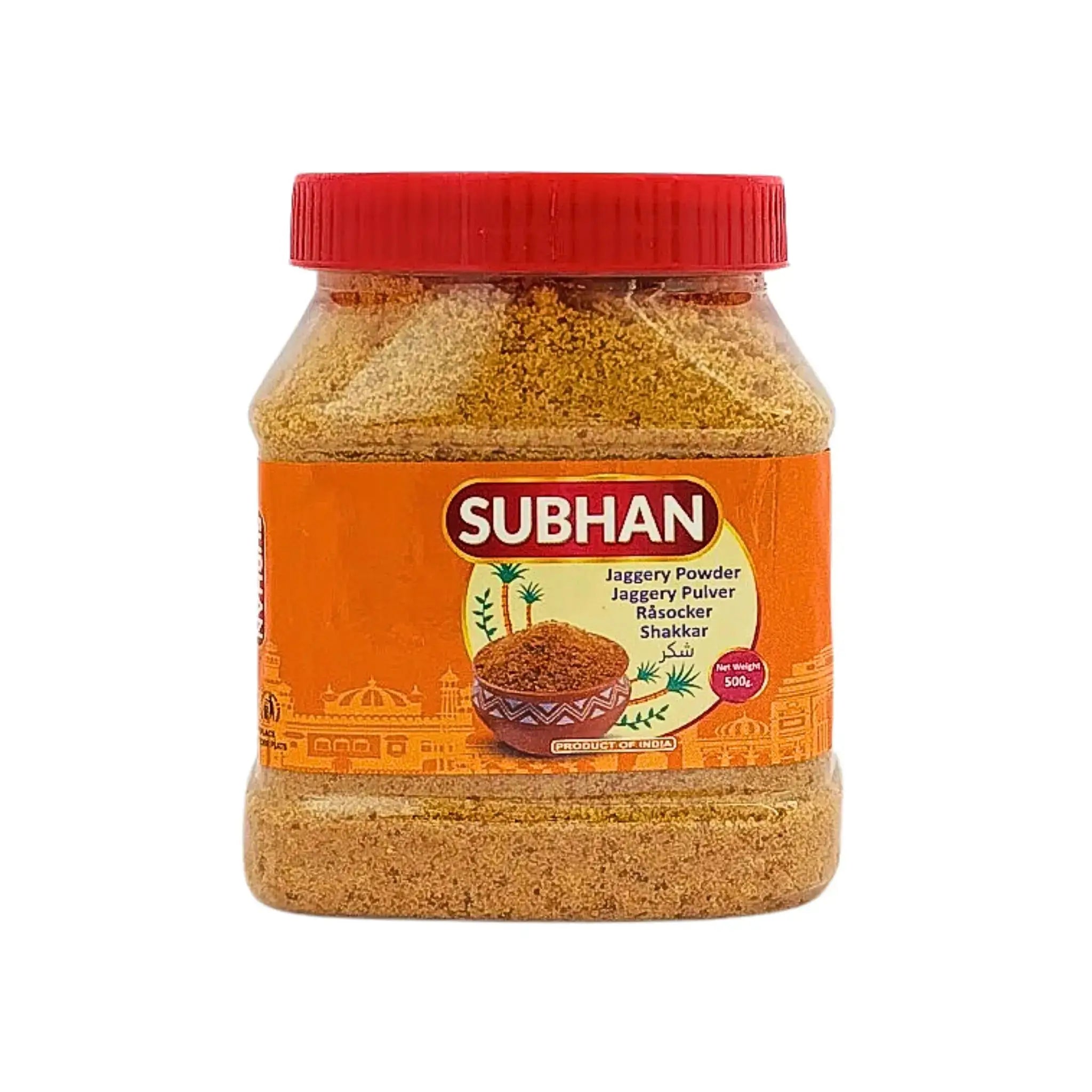 Subhan råsocker pulver, 500g burk, indisk orientaliskt socker med röd lock