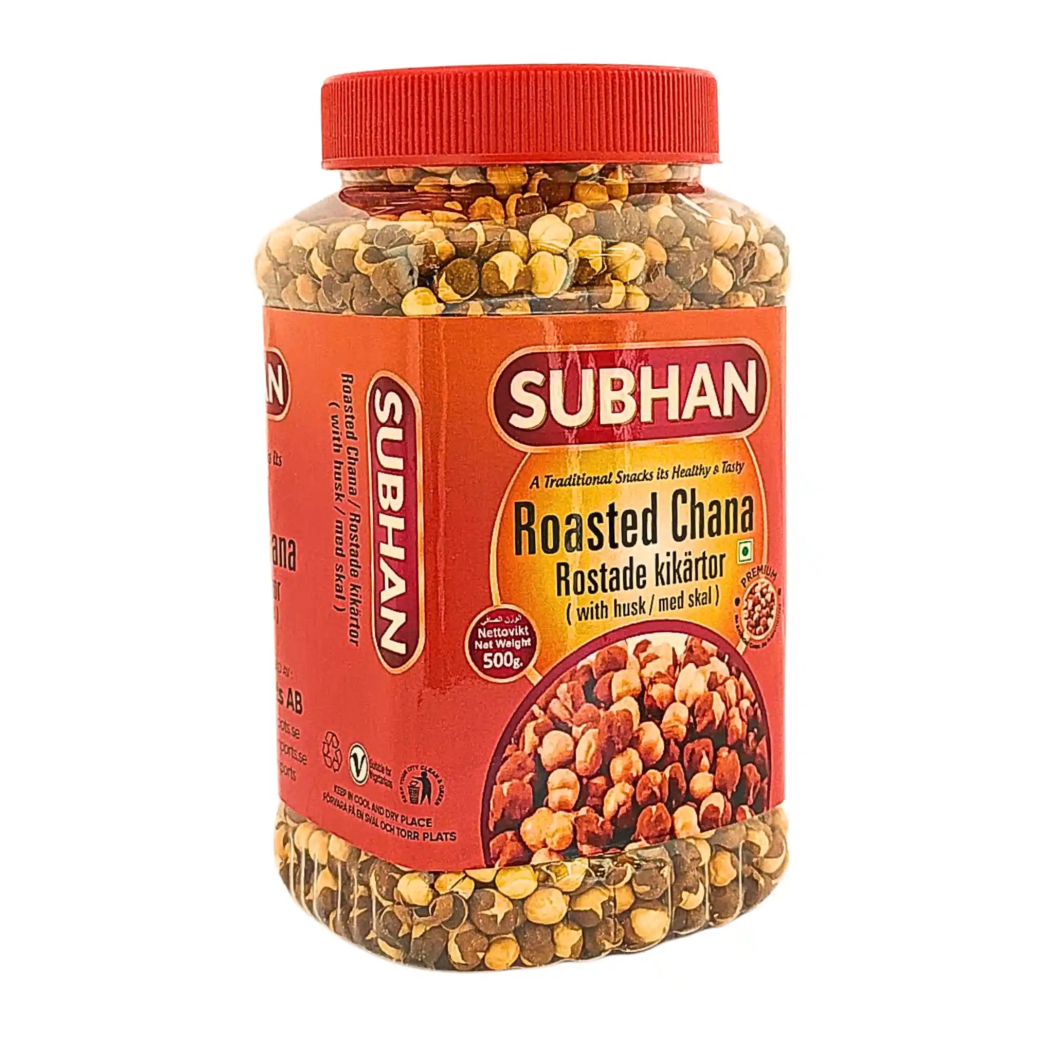 Burk med Subhan rostade kikärtor med skal, 500g, på vit bakgrund.