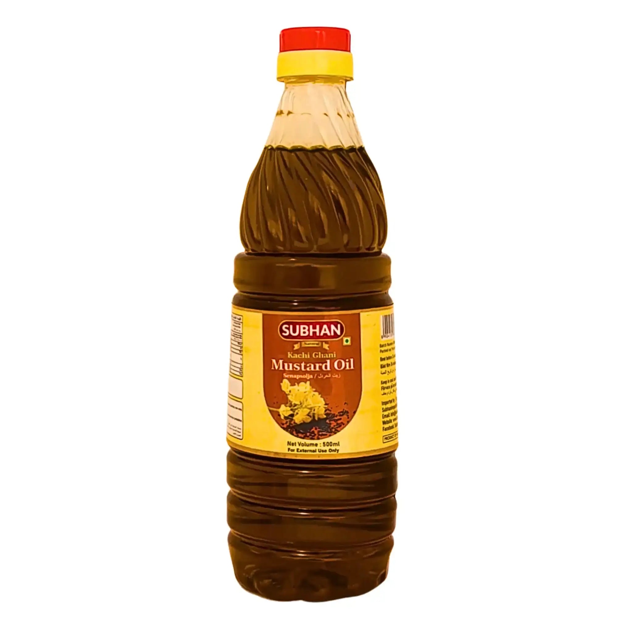 Flaska med Subhan senapsolja 500ml på vit bakgrund, orientaliska livsmedel