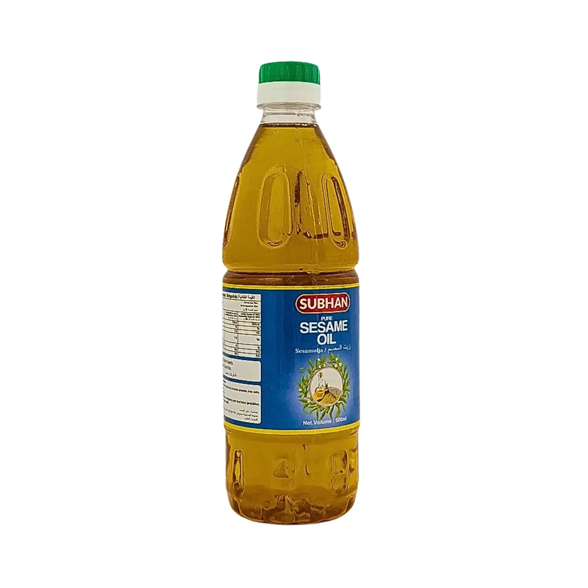 Flaska med Subhan sesamolja 500 ml, blå etikett och grön kork, vit bakgrund.