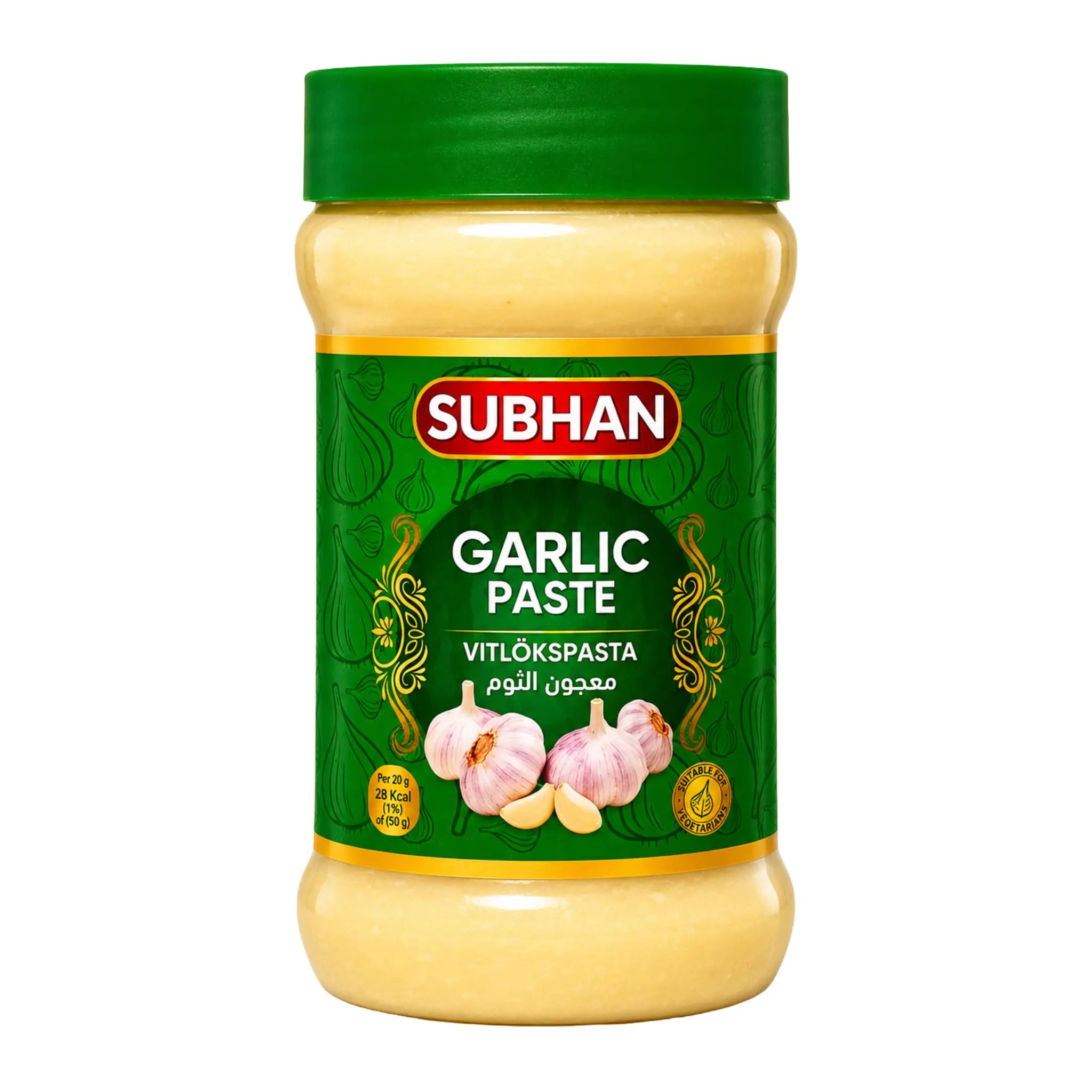 SUBHAN vitlökspasta i grön glasburk med grön etikett och skruvkork