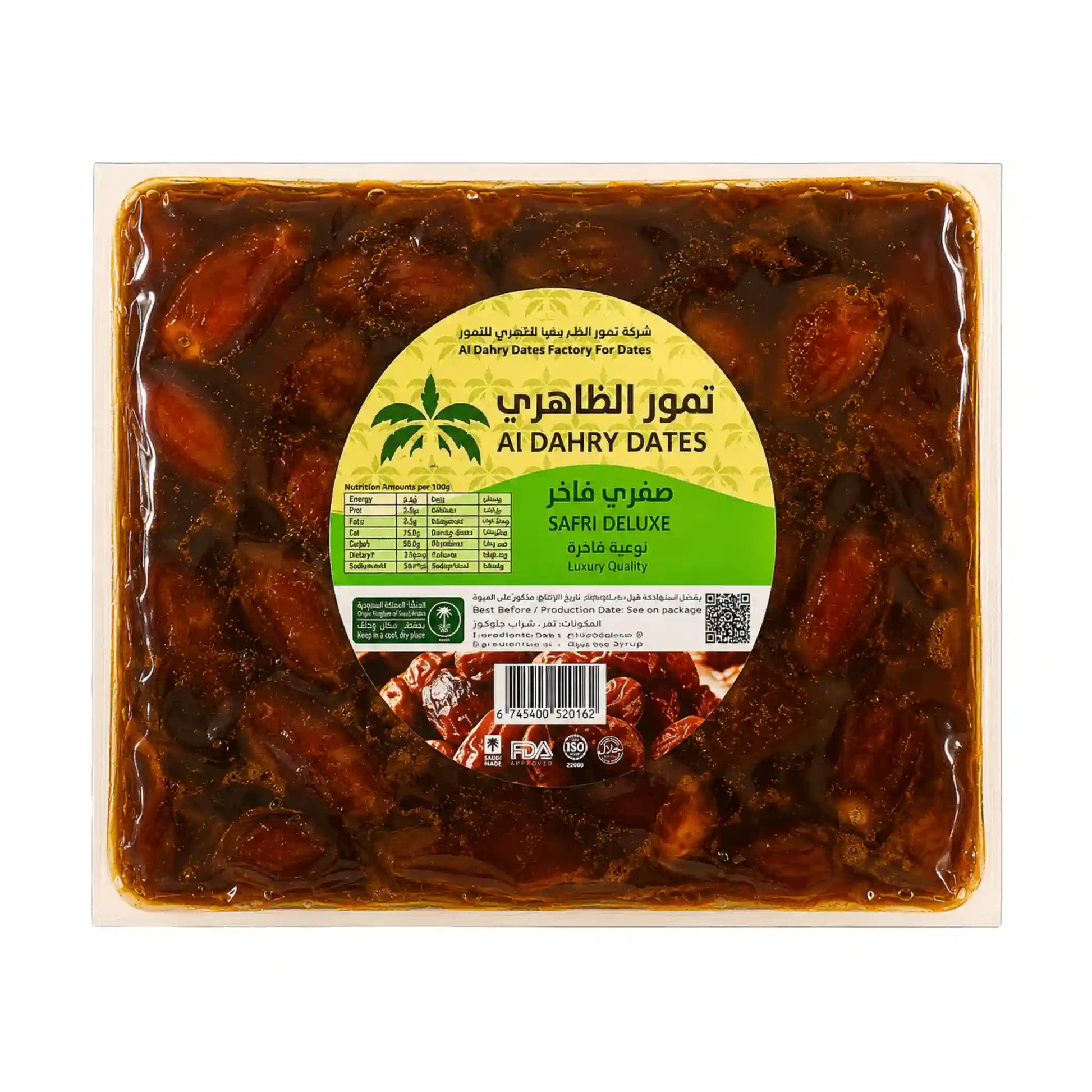 Förpackade saffri-deluxe dadlar, 1 kg, ljusbrun frukt i genomskinlig plast