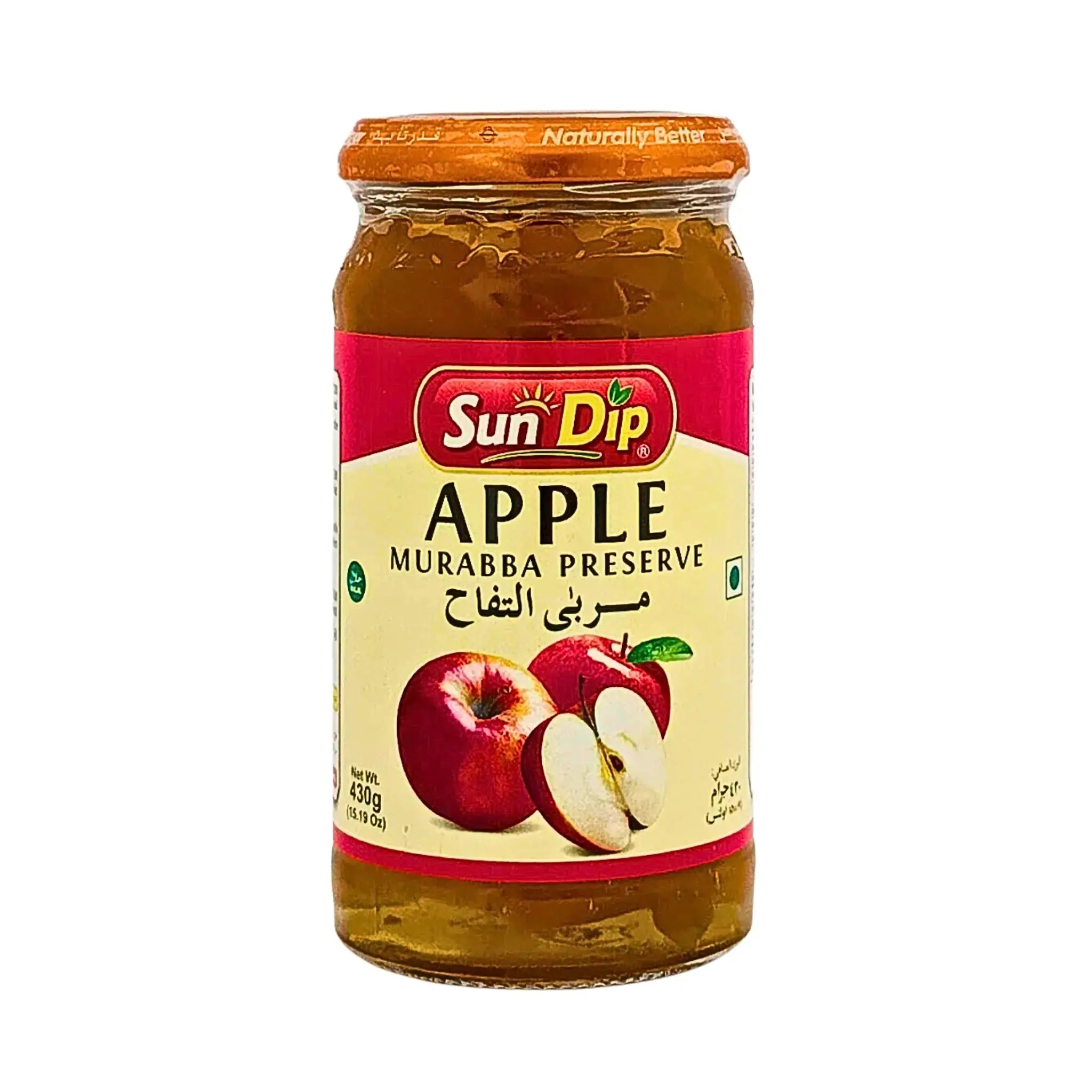 Glasburk med Sun Dip äpplemarmelad, 430g, tydlig etikett med bilder på röda äpplen.