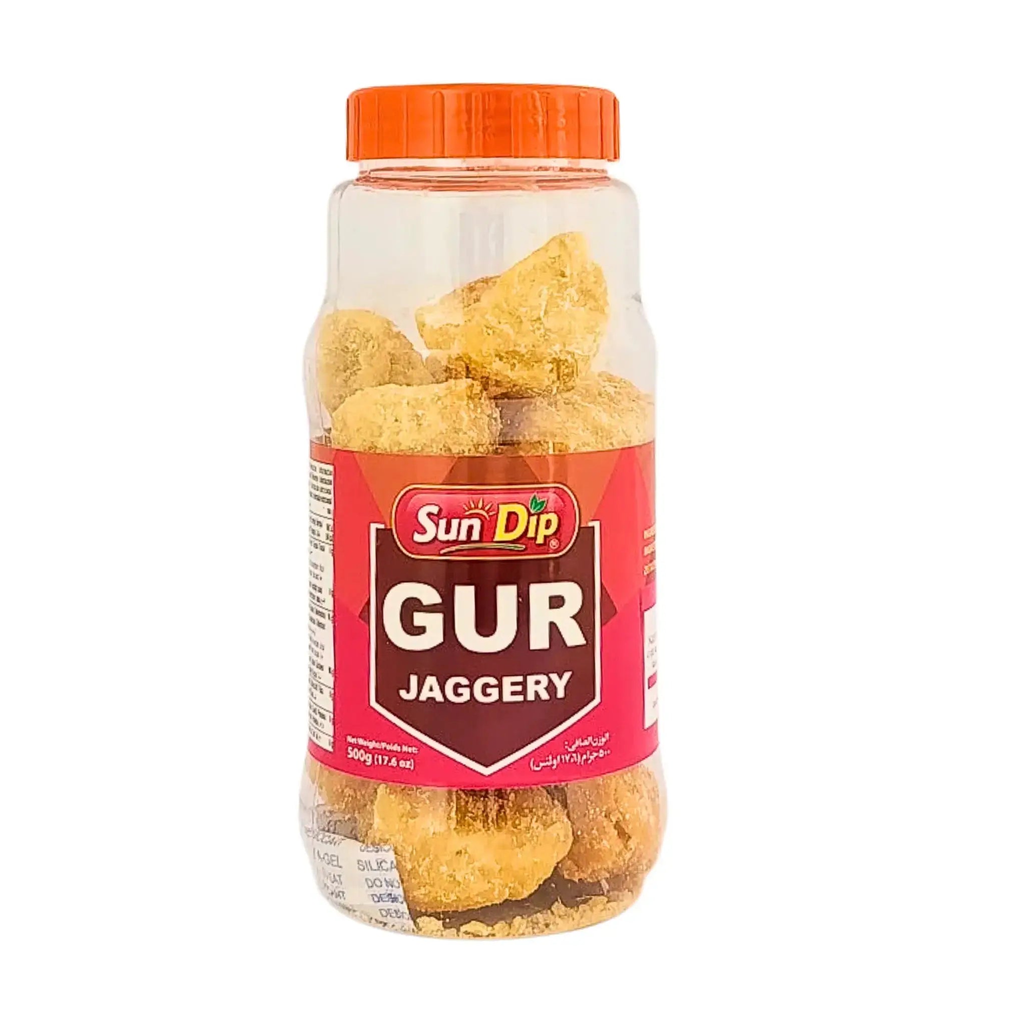 Burk med SunDip Gur Jaggery 500g, orientaliskt råsocker i bitar, på vit bakgrund