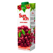 Kartong med surkörsbärsjuice, Sunich Sour Cherry 1 liter, fruktmotiv på förpackningen
