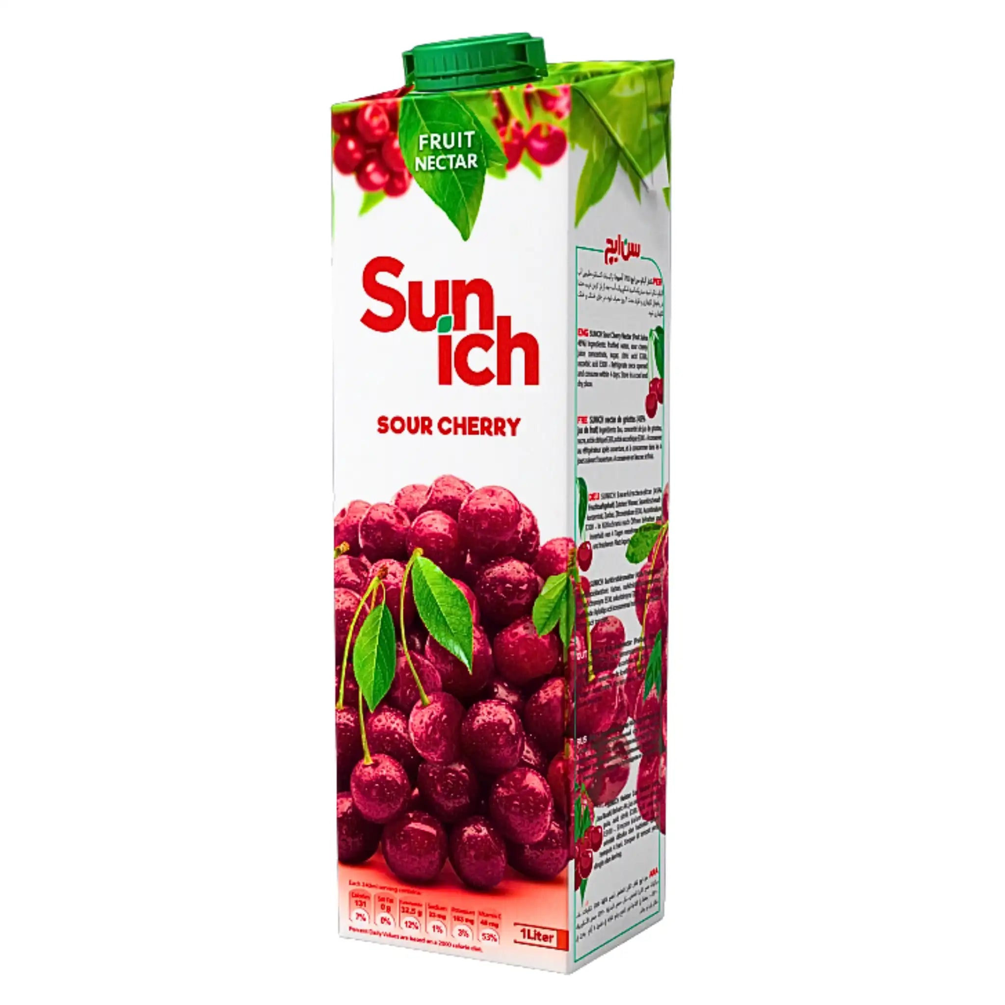 Kartong med surkörsbärsjuice, Sunich Sour Cherry 1 liter, fruktmotiv på förpackningen