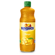 Flaska Sunquick mangojuice 700ml med grön kork och mangoillustration på etiketten.