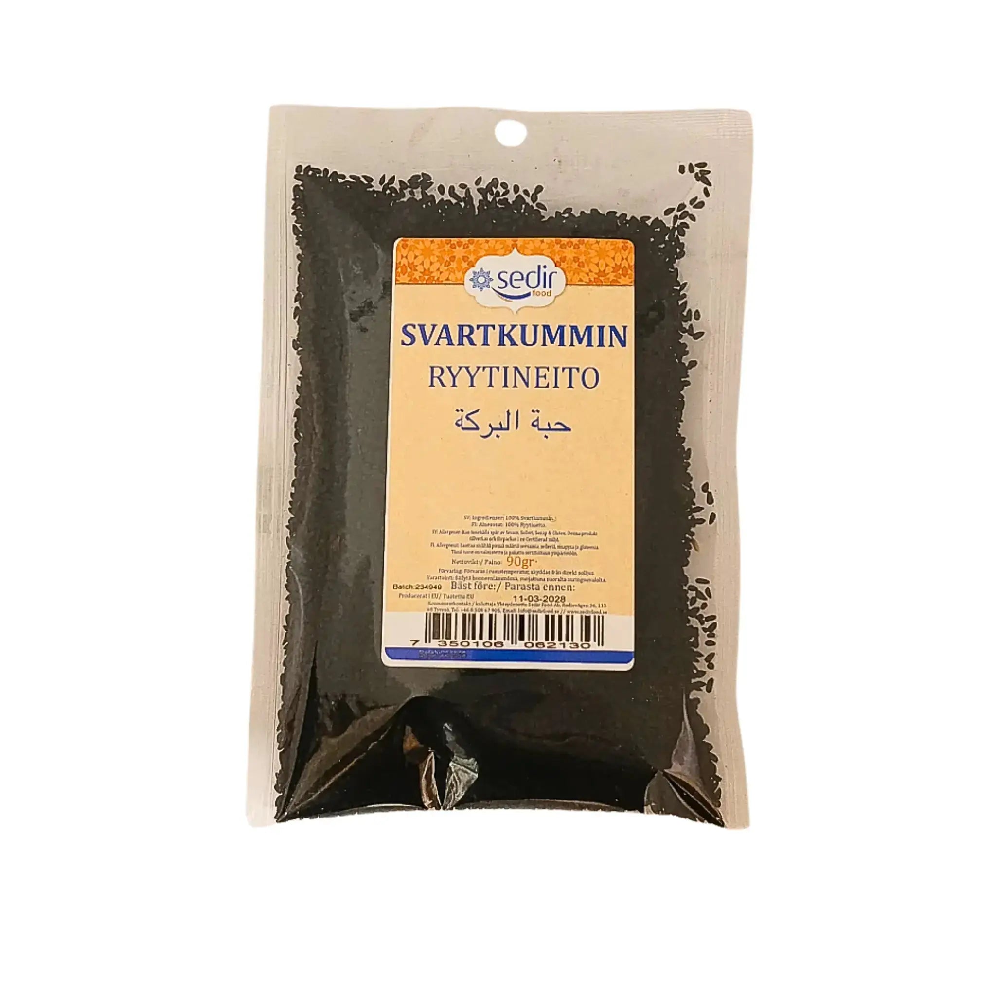 Förpackning med svartkummin 90g, orientaliska kryddor, tydlig etikett