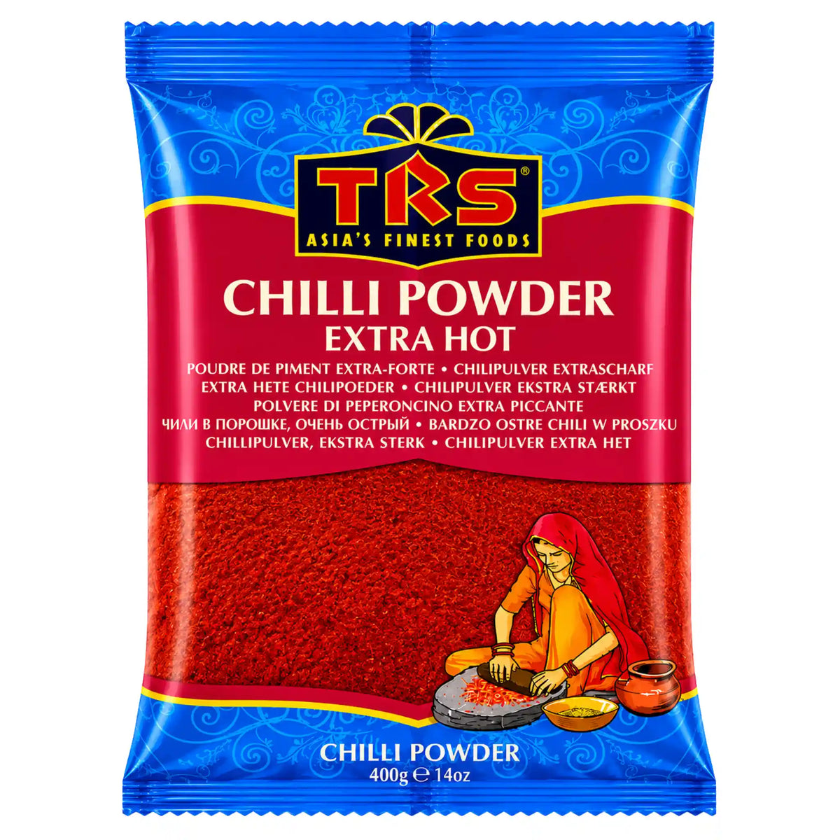 TRS chilipulver extra stark, röd pulver i blå förpackning, 400 g
