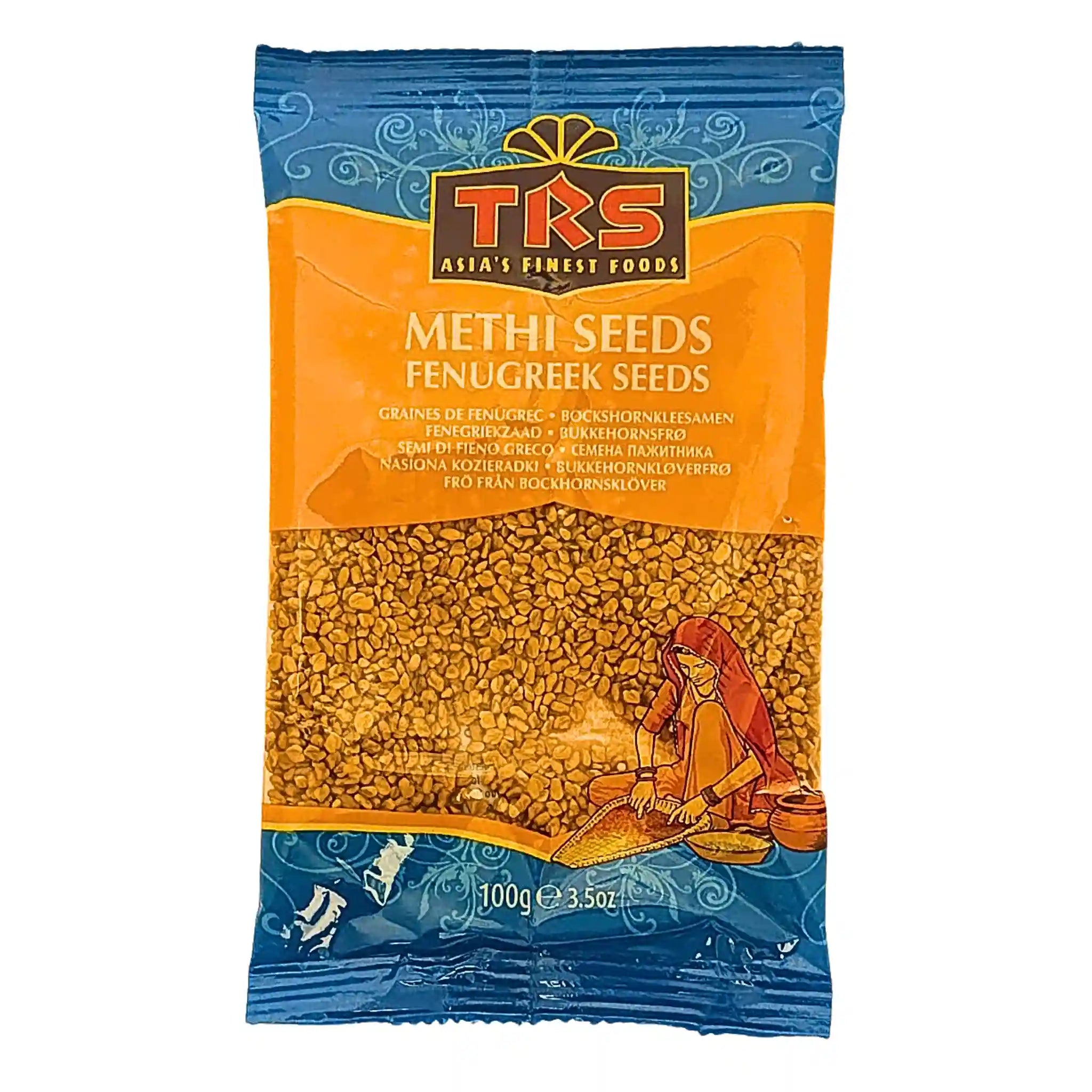 TRS påse med bockhornsklöverfrön, 100g, orientaliska kryddor, orange och blå förpackning