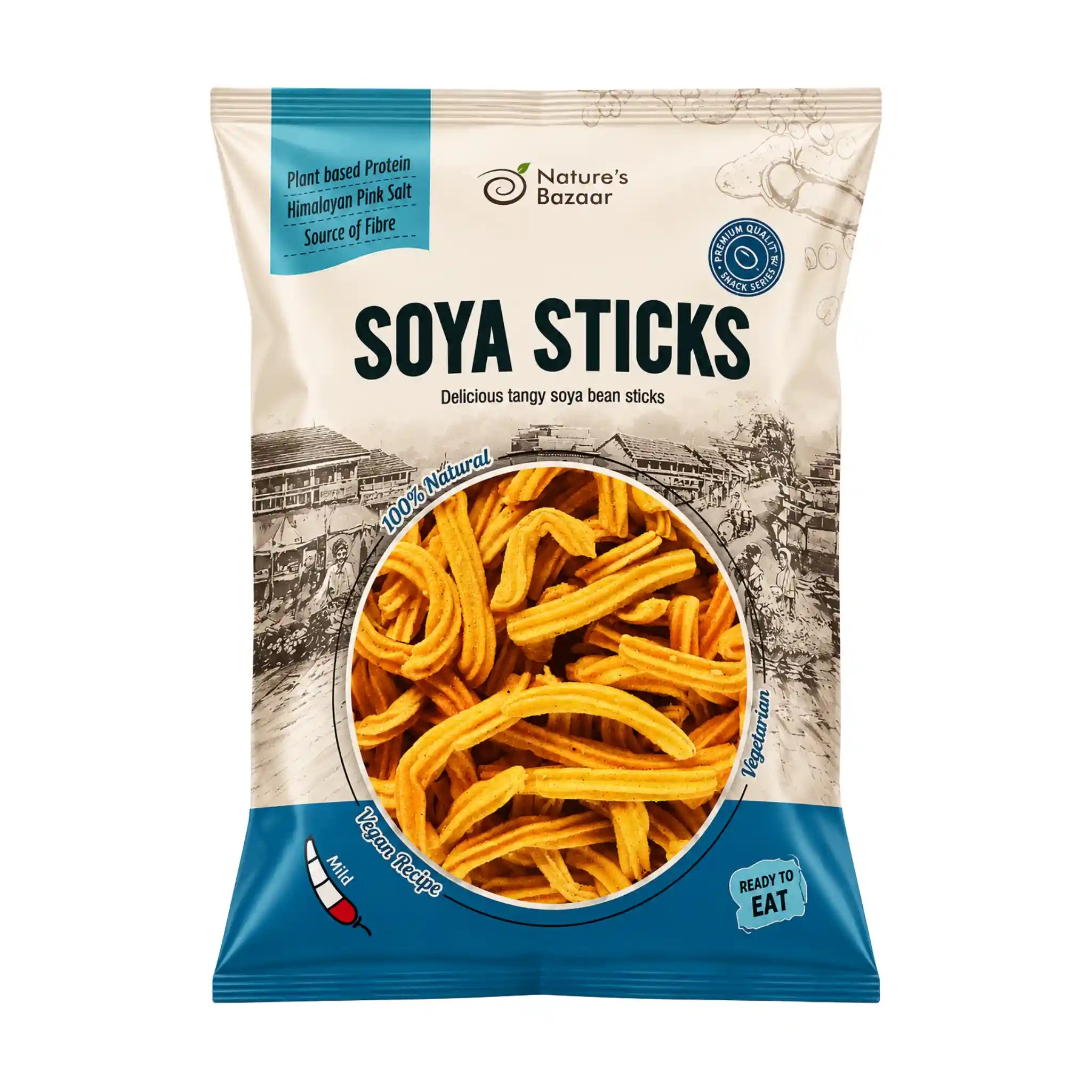 Förpackade sojasticks i påse med rund fönster och synliga gulorange bitar