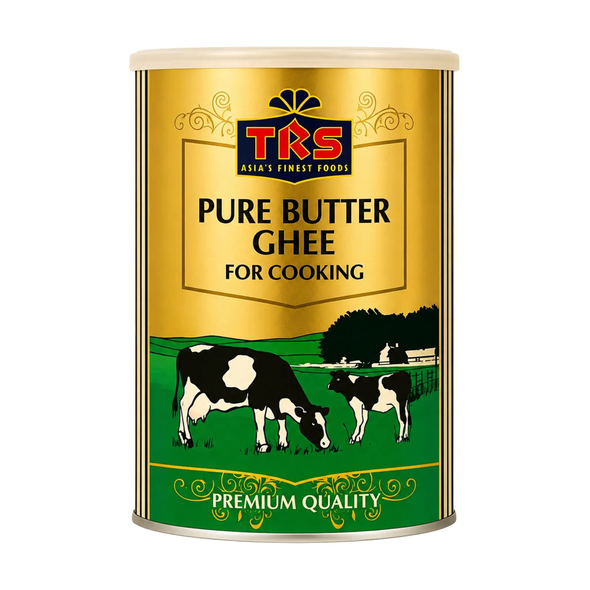 Matlagningsghee i guldtonad burk med TRS-etikett.