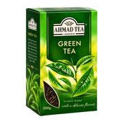 Ahmad Tea grönt te lösvikt, 500 g, kartong med bladillustration och texten Green Tea