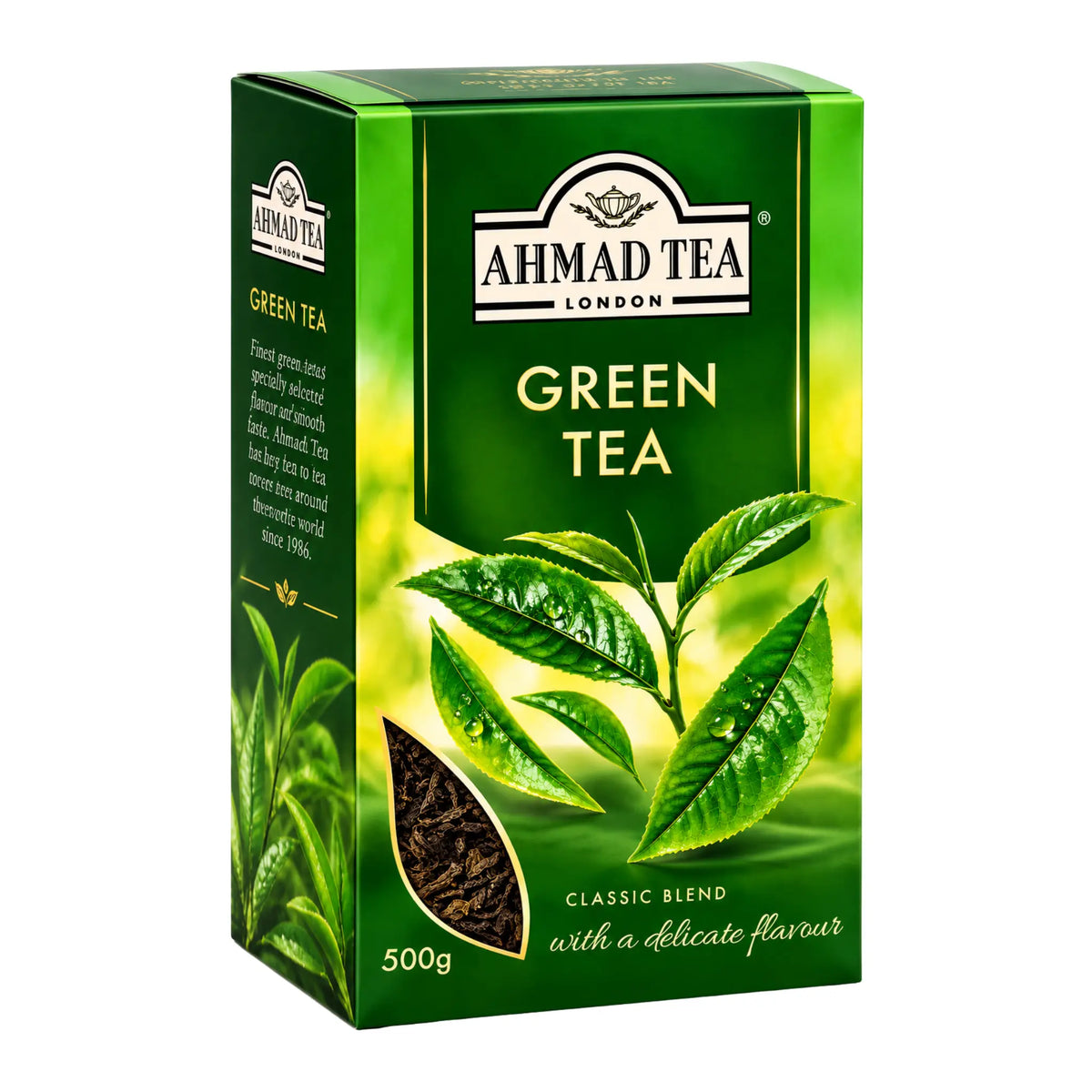 Ahmad Tea grönt te lösvikt, 500 g, kartong med bladillustration och texten Green Tea