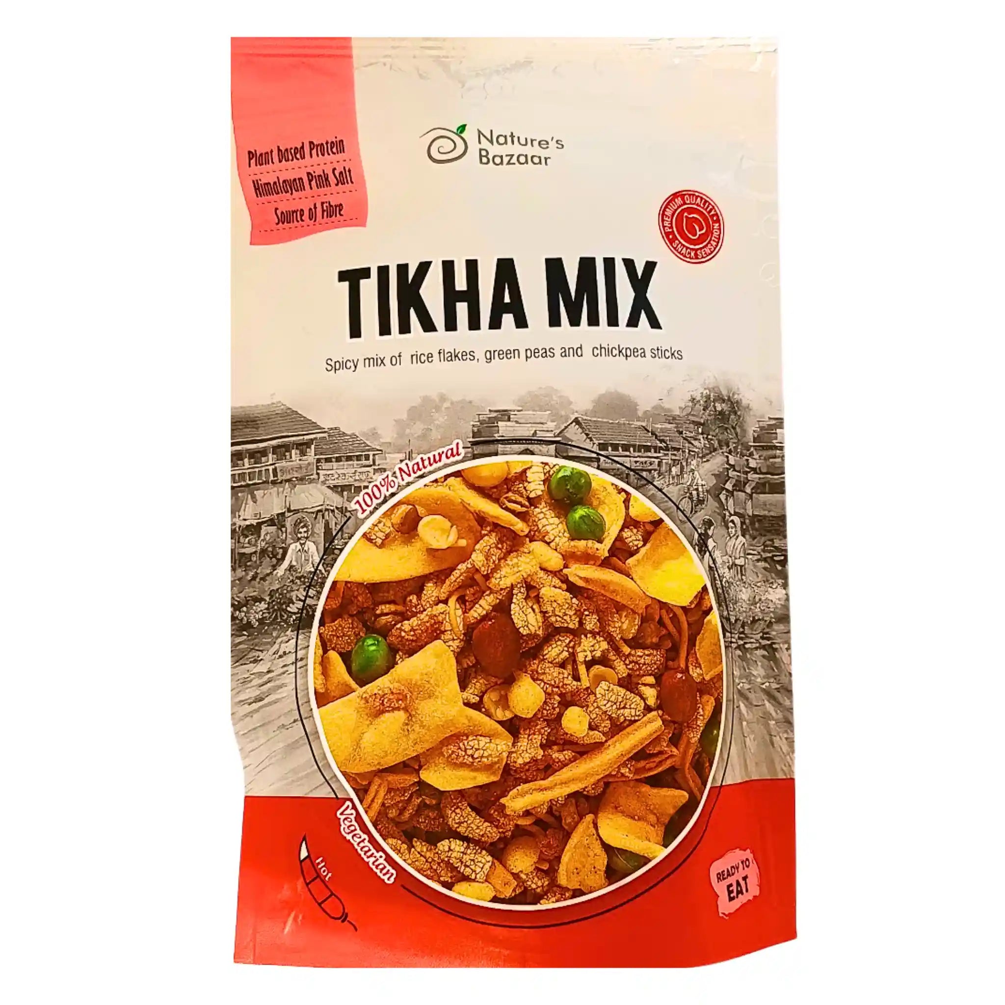 Tikha Mix snacks påse med risflingor, ärtor och kikärtssticks, vegetariskt och kryddigt