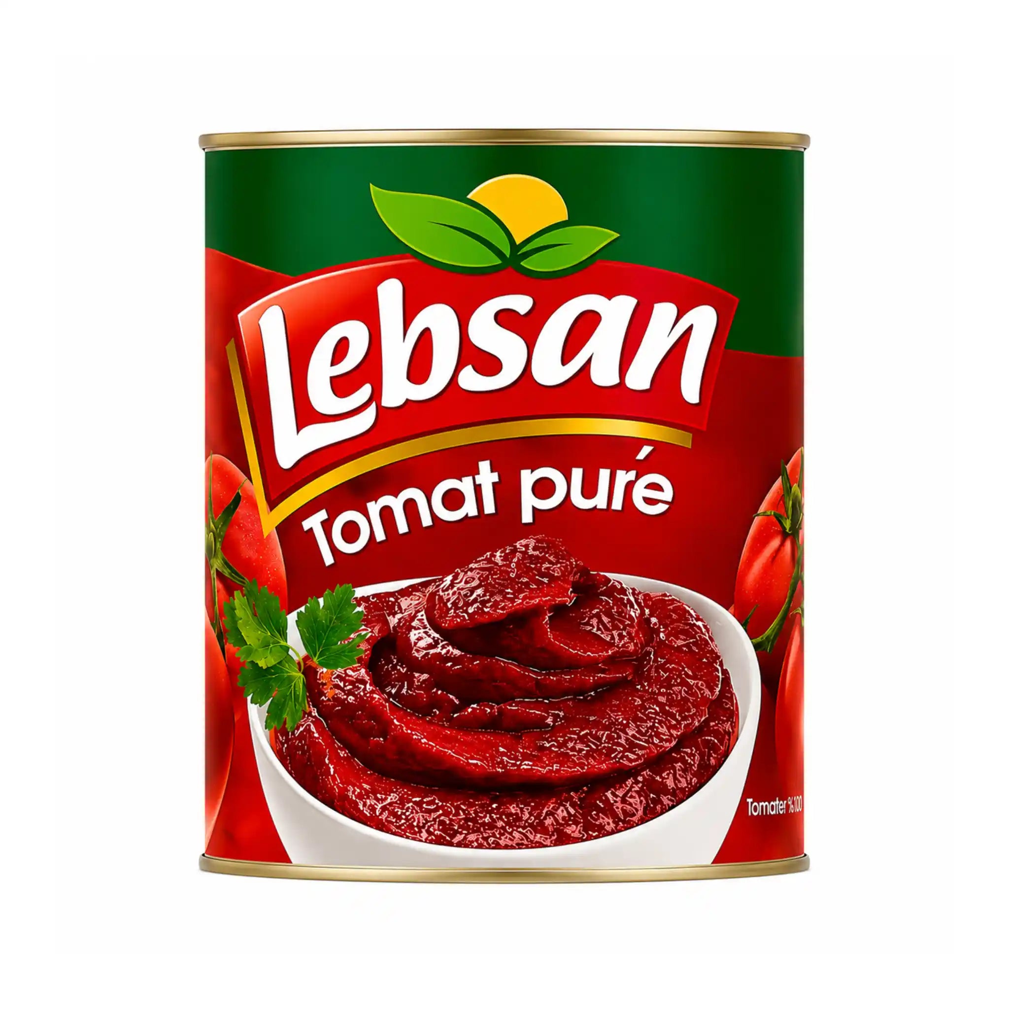 Tomatpuré i burk från Lebsan, röd etikett med tomatpuréillustration.