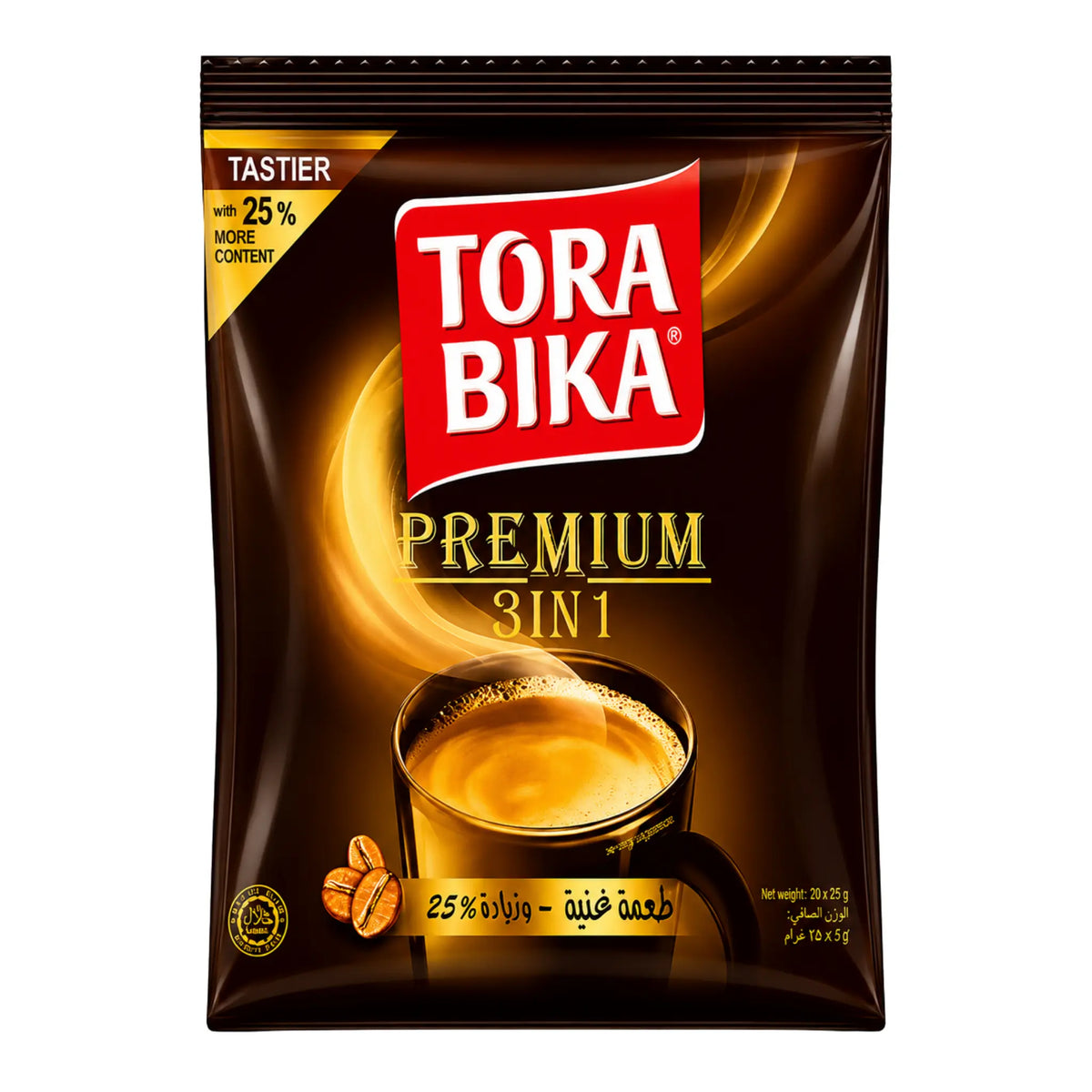Kaffe­påse Tora Bika Premium 3-i-1 med koppillustration, mörkbrun förpackning