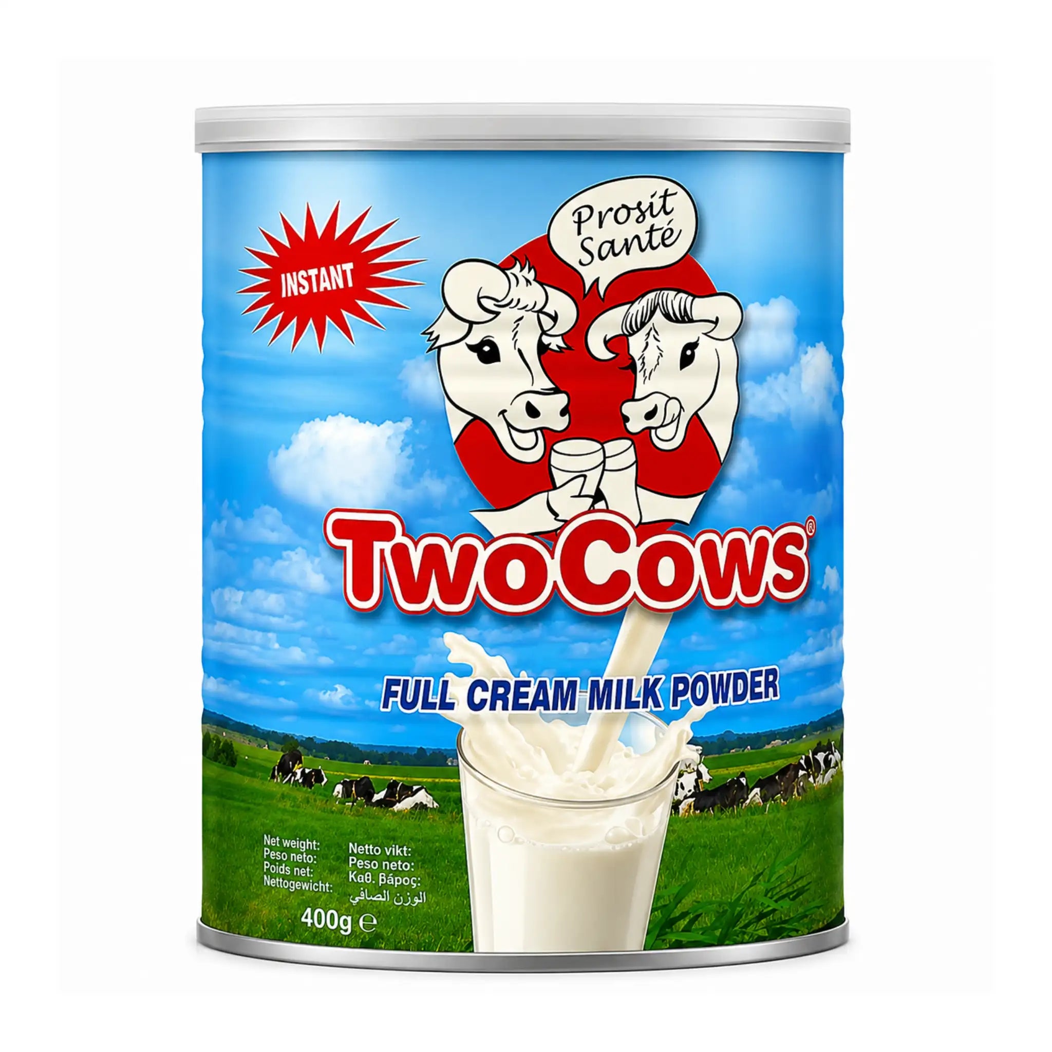 Mjölkpulverburk TwoCows med blå etikett och 400 g.