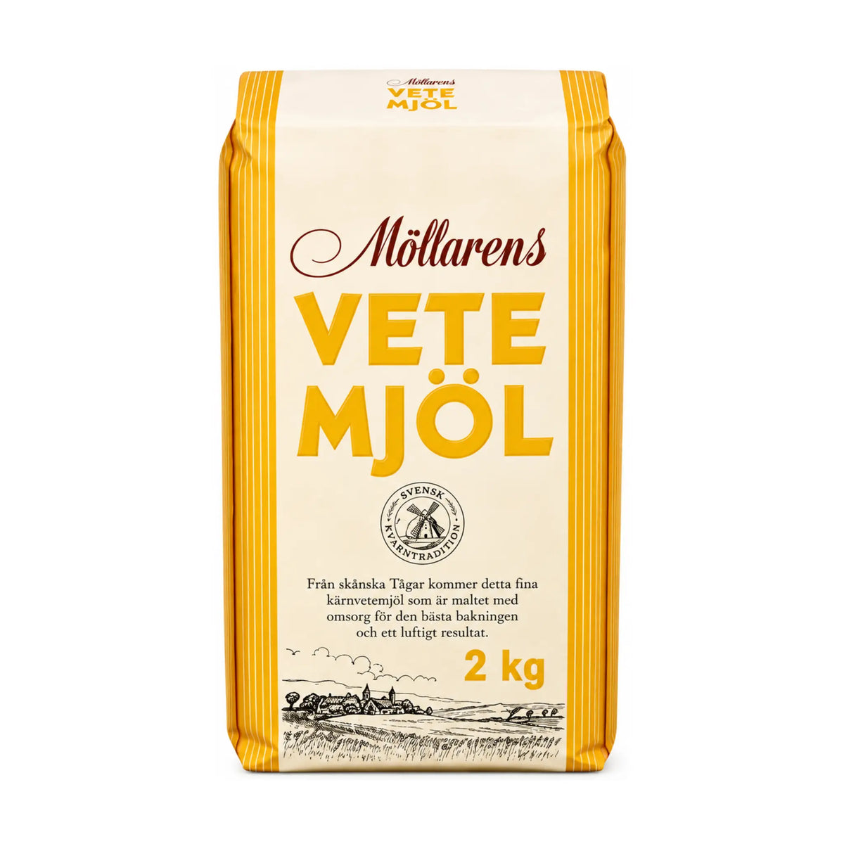 Möllarens vetemjöl i förpackning, 2 kg, gul randig pappåse