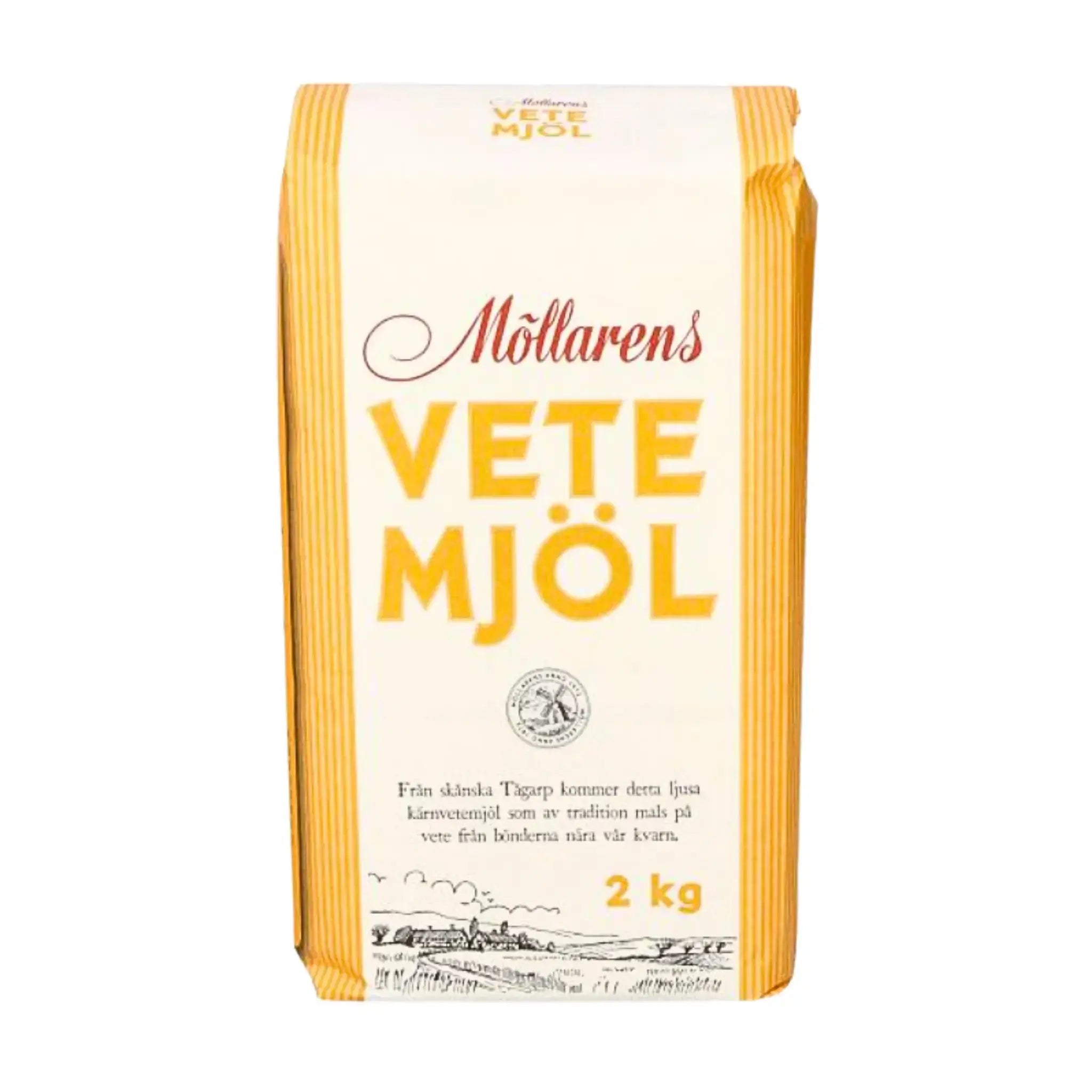 Möllarens vetemjöl 2 kg paket, svensk vetemjöl, bakning, gult och vitt papper