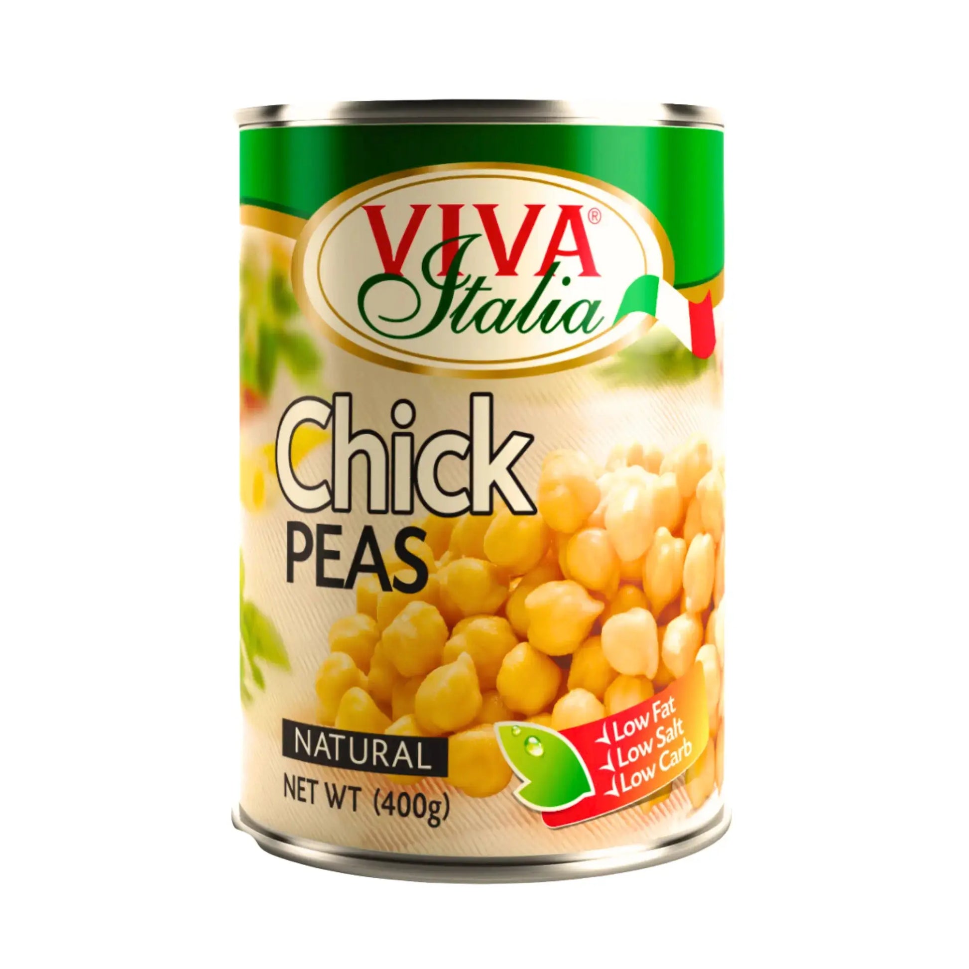 Burk med kikärtor 400g, Viva Italia, grön etikett, bild på kikärter