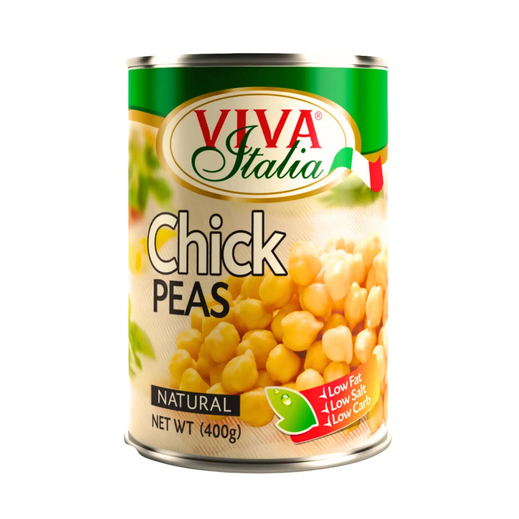 Burk med kikärtor 400g, Viva Italia, grön etikett, bild på kikärter