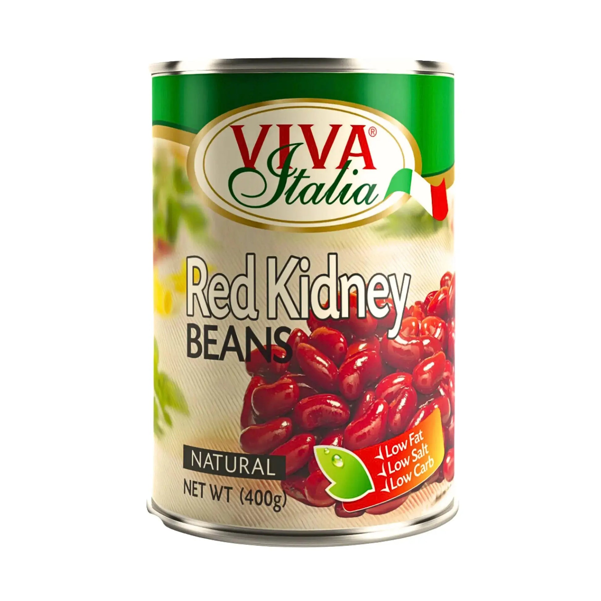 Konservburk med röda kidneybönor, Viva Italia, 400g, röd och grön etikett på vit bakgrund