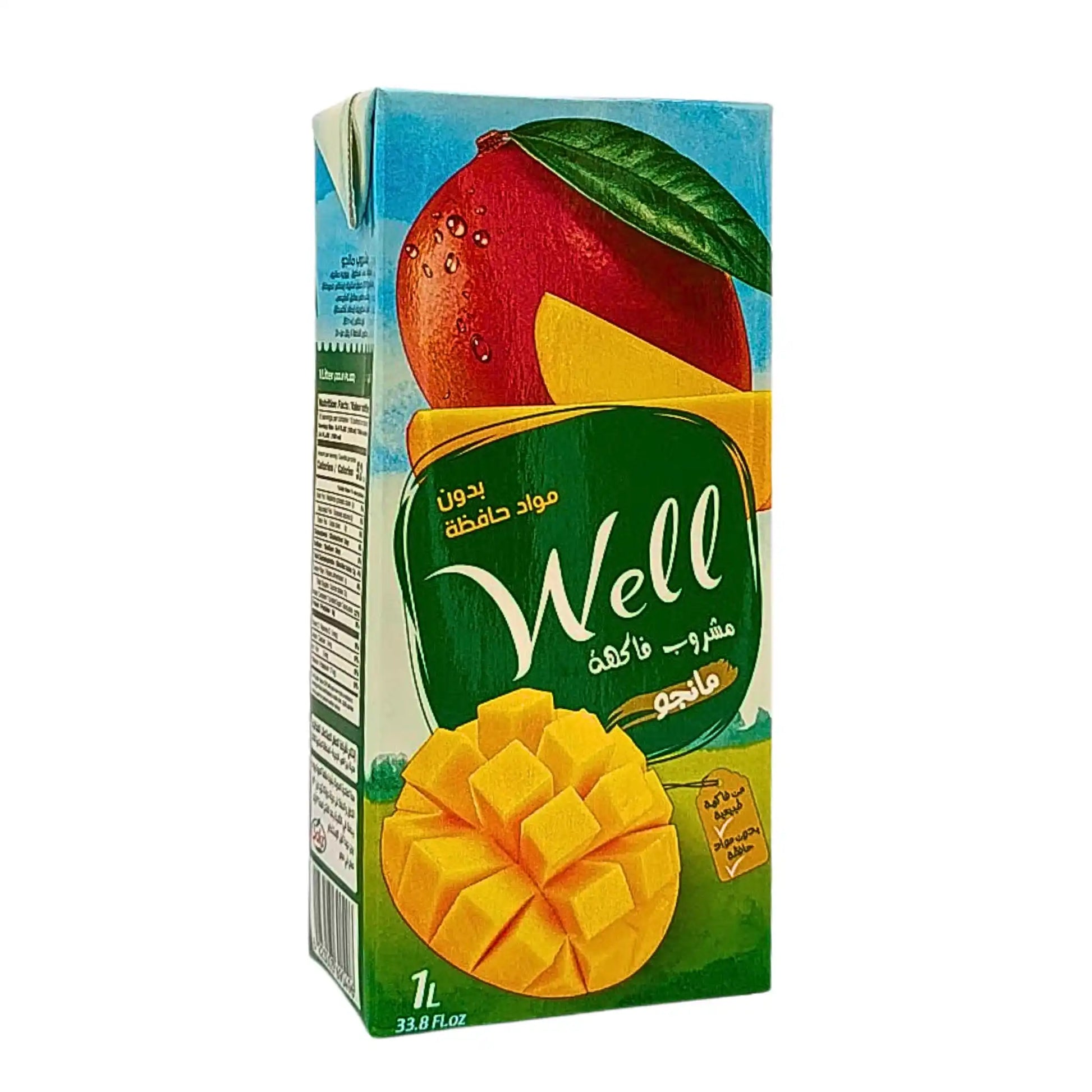 Well mangodryck 1 liter förpackning med färsk mangoillustration och arabiska texter