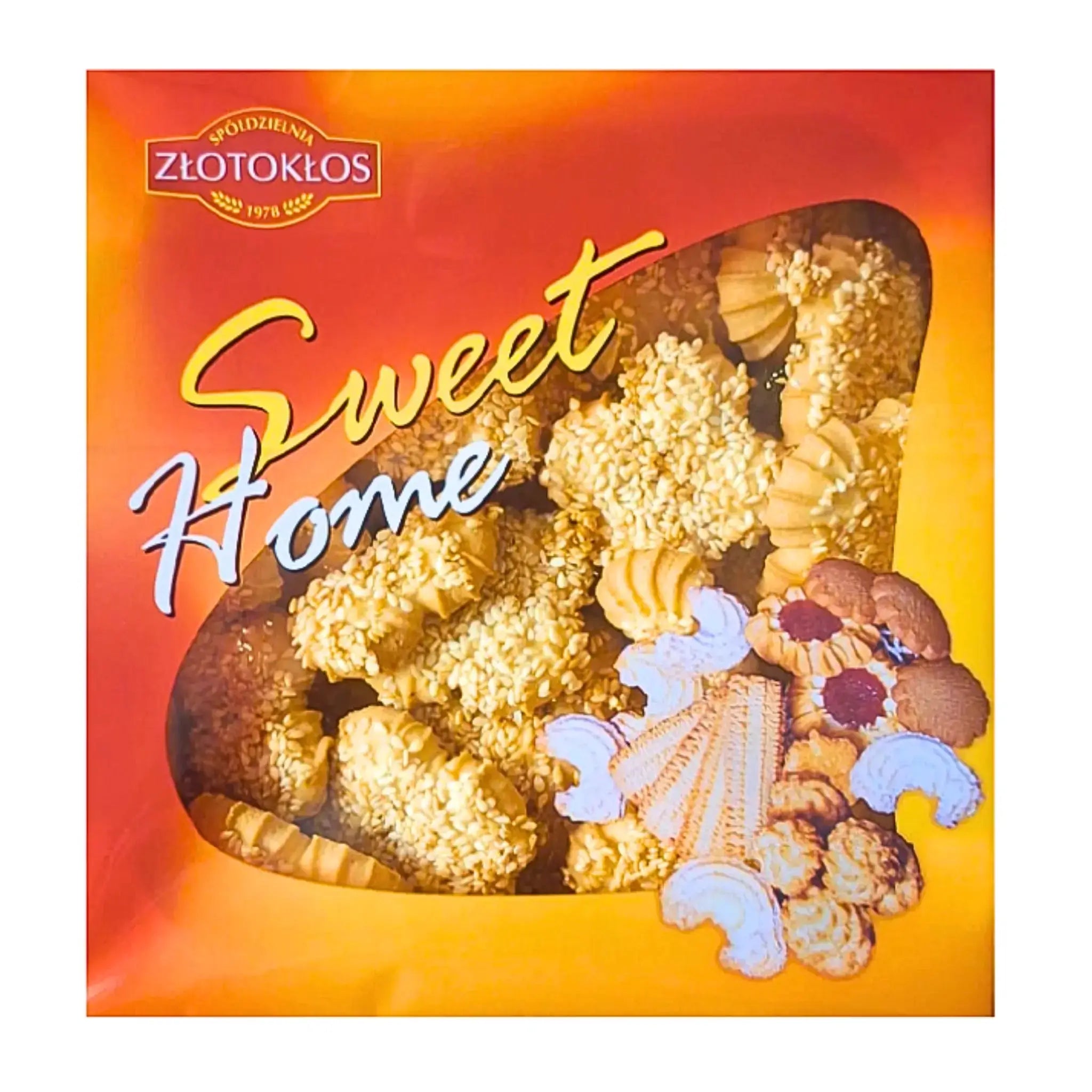 Ask med blandade sesamkakor och småkakor, etikett Sweet Home, gul och röd bakgrund.