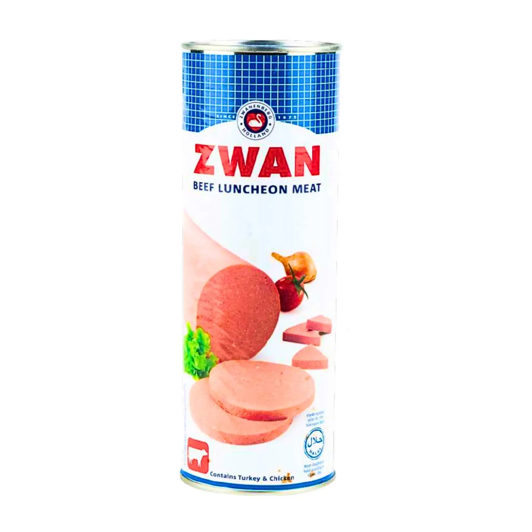 Zwan nötkött mortadella 850g i konserv, halal, orientalisk chark, skivad på etikett
