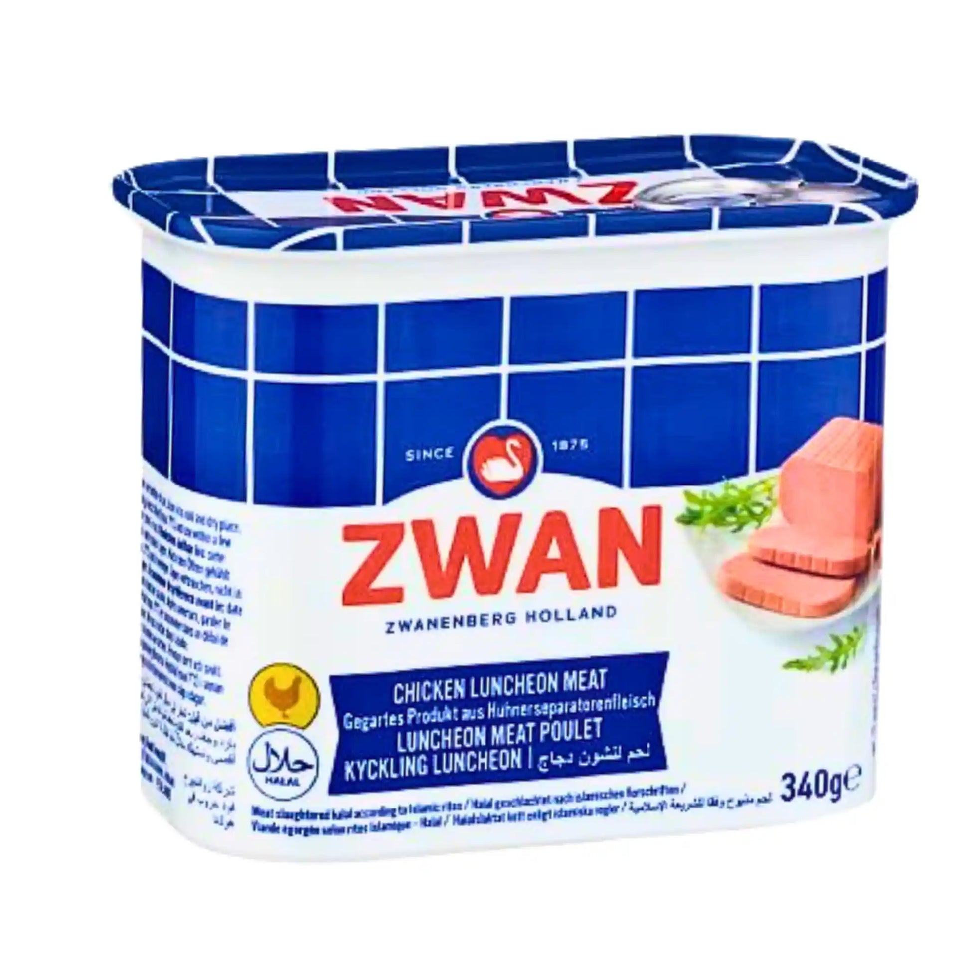 Zwan kycklingmortadella i konservburk 340g, mild smak, blå och vit förpackning