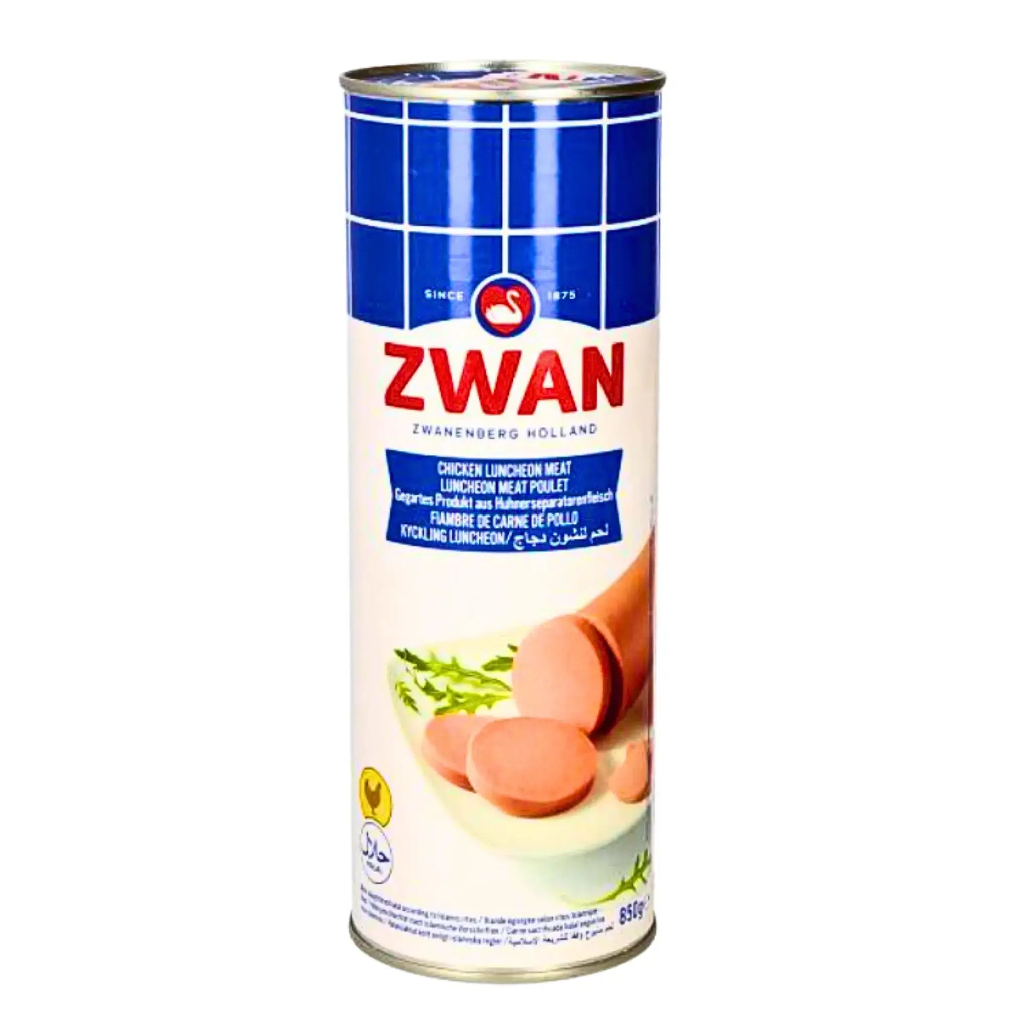 Zwan kyckling mortadella mild 850g burk med skivade skivor, halal, orientaliska charkprodukter.