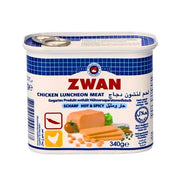 Zwan kycklingmortadella stark 340g konserv, halal, med bild på korvskivor och kryddor