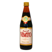 Vimto fruktcordial 710ml, mörk glasflaska med gul kork och etikett, orientaliskt livsmedel