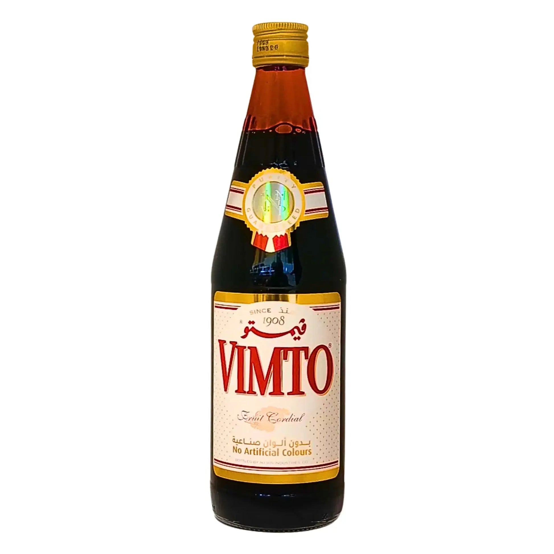 Vimto fruktcordial 710ml, mörk glasflaska med gul kork och etikett, orientaliskt livsmedel