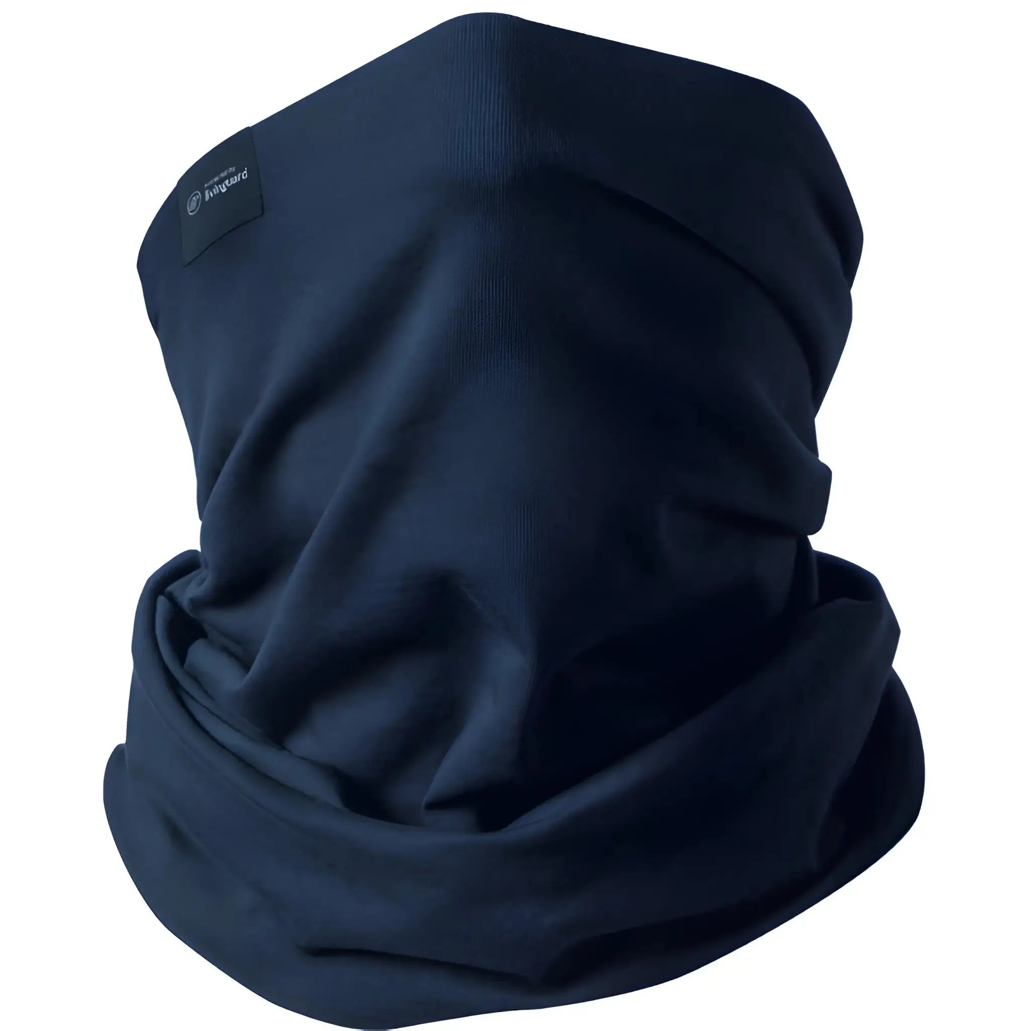 Mörkblå unisex halsvärmare i tyg, multifunktionell neck gaiter, vit bakgrund