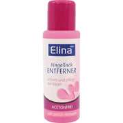 Acetonfri nagellacksborttagare i rosa flaska, synlig text och etikett.