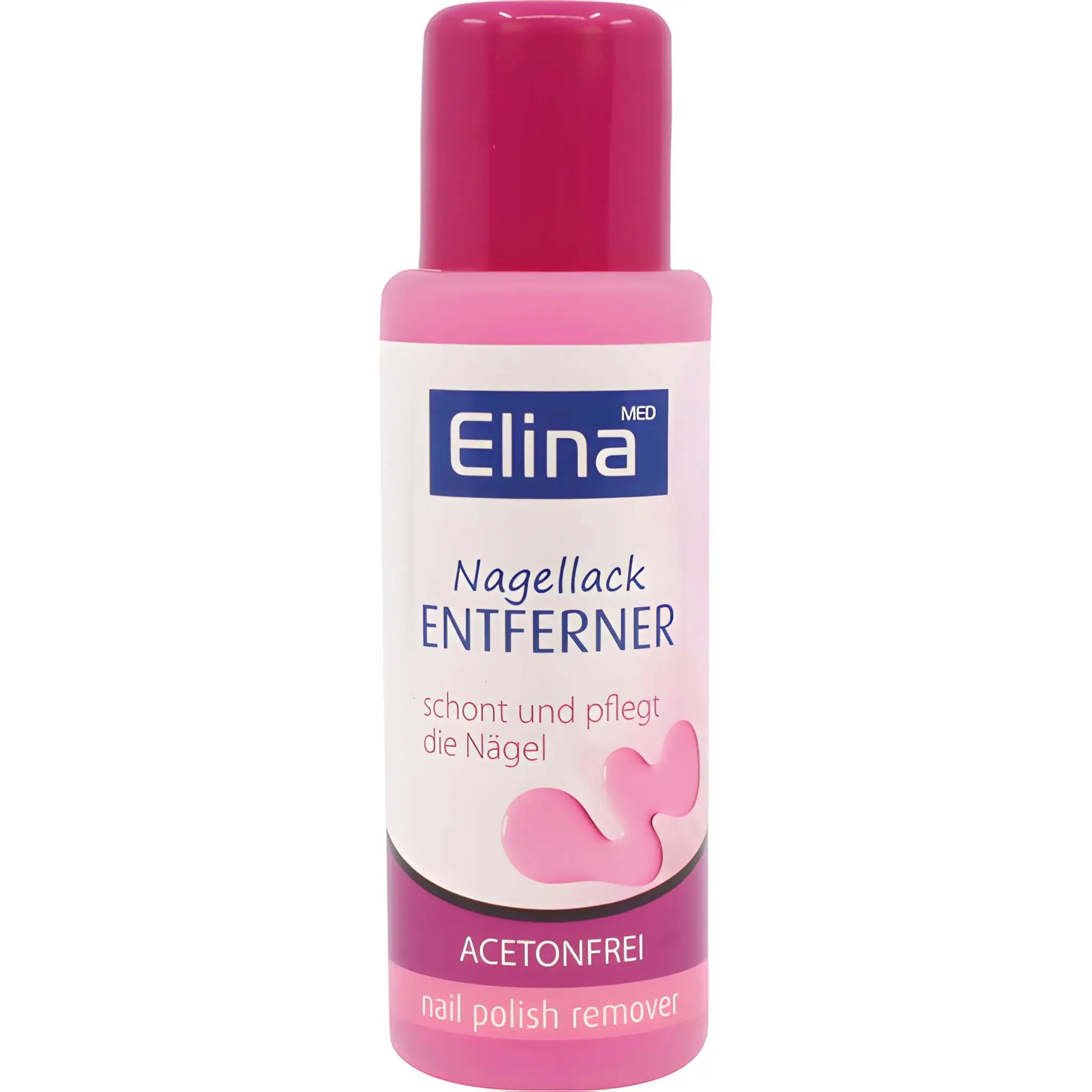 Acetonfri nagellacksborttagare i rosa flaska, synlig text och etikett.