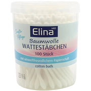 Elina bomullspinnar 100-pack i plastburk, miljövänliga papperspinnar, hygienprodukt.