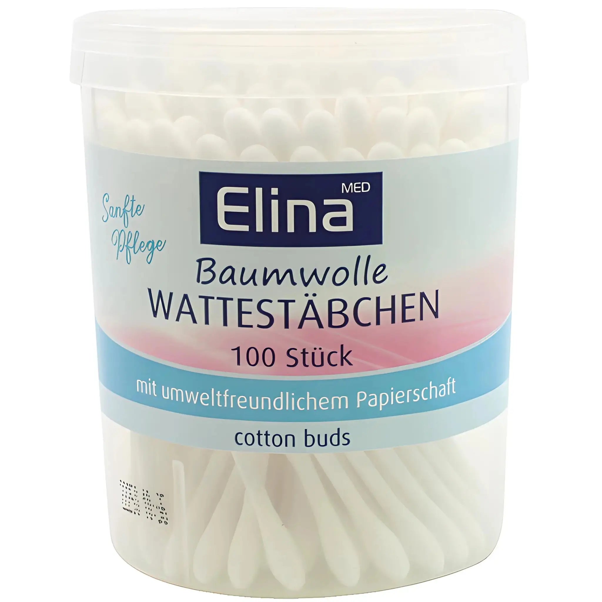 Elina bomullspinnar 100-pack i plastburk, miljövänliga papperspinnar, hygienprodukt.